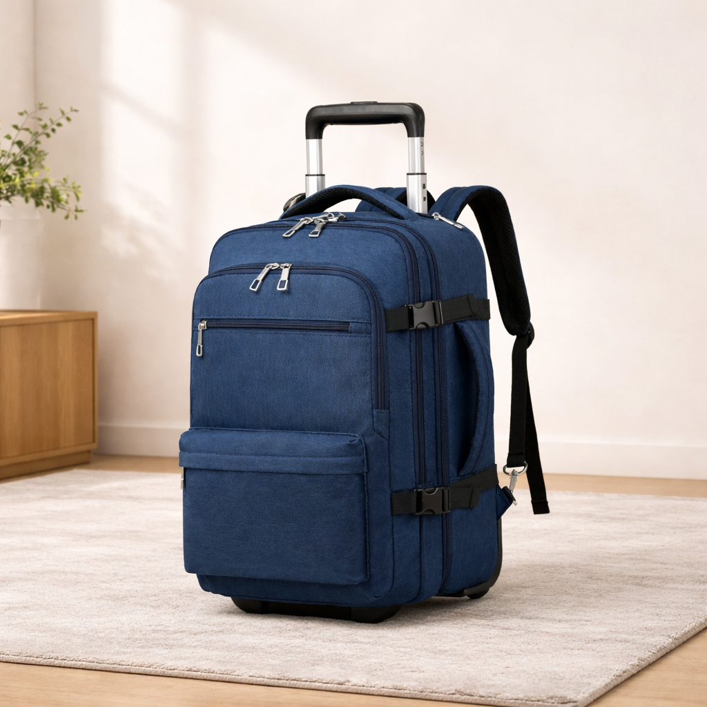 sac à dos de voyage bleu dans décor zen capacité généreuse design fonctionnel pour ordinateur et cabine