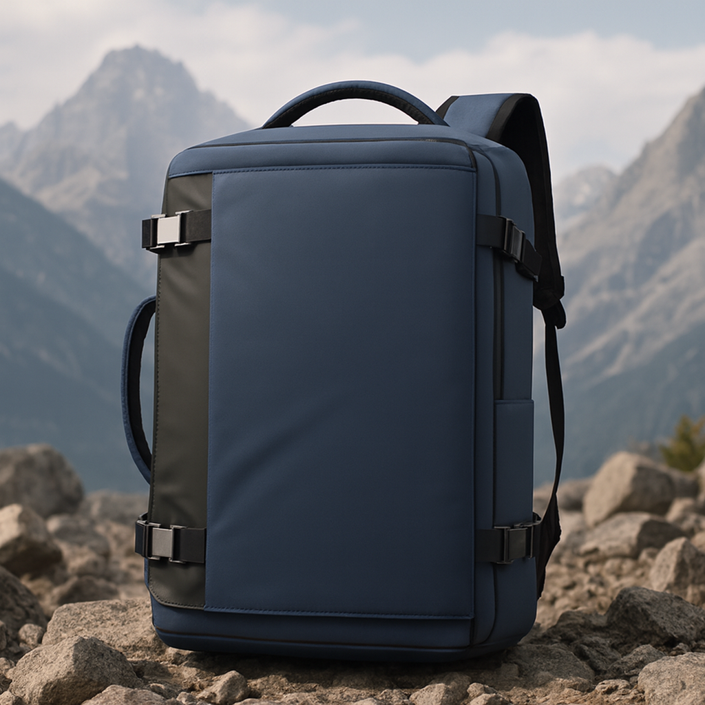 sac a dos de voyage bleu present dans montagne