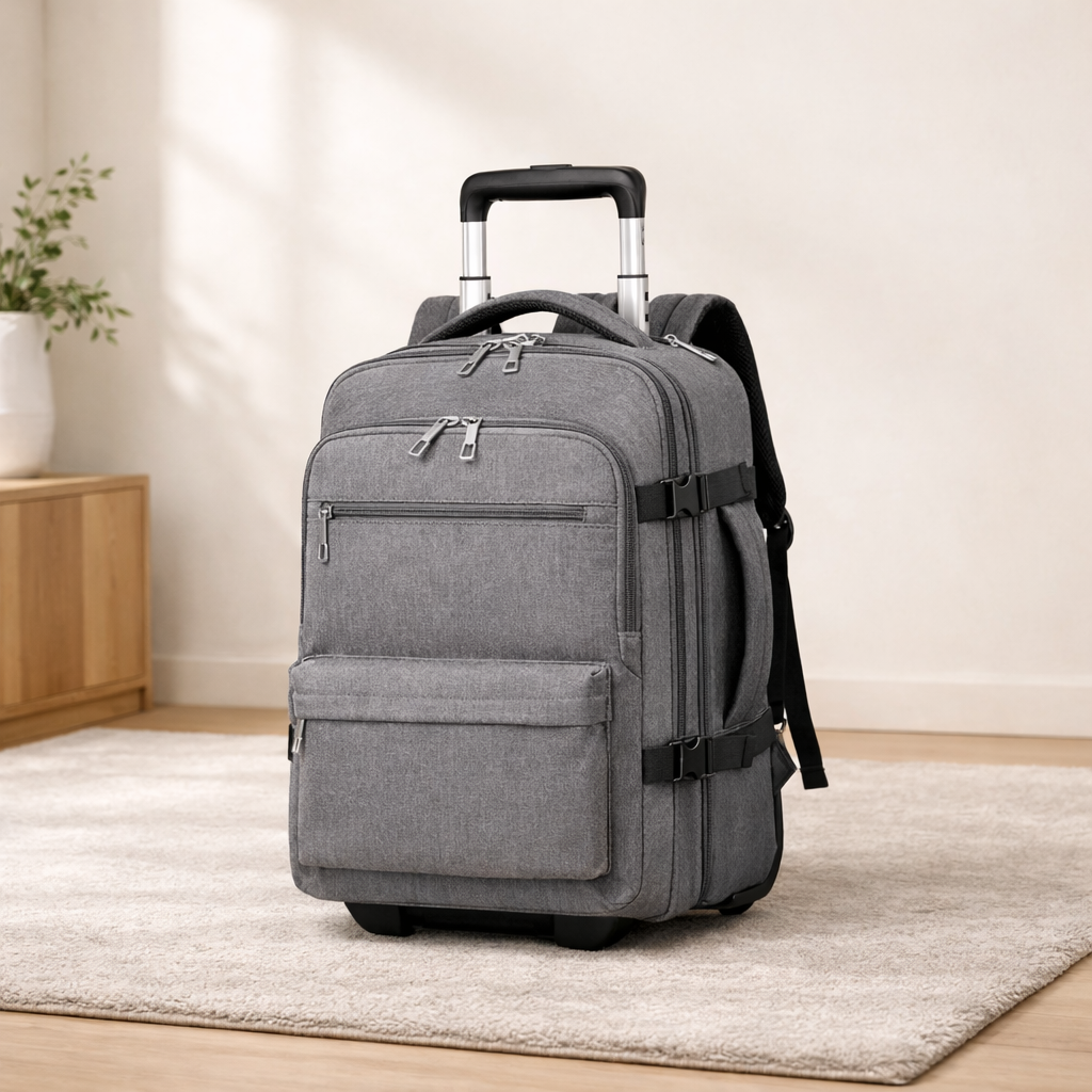 sac à dos de voyage gris dans décor zen capacité généreuse design fonctionnel pour ordinateur et cabine