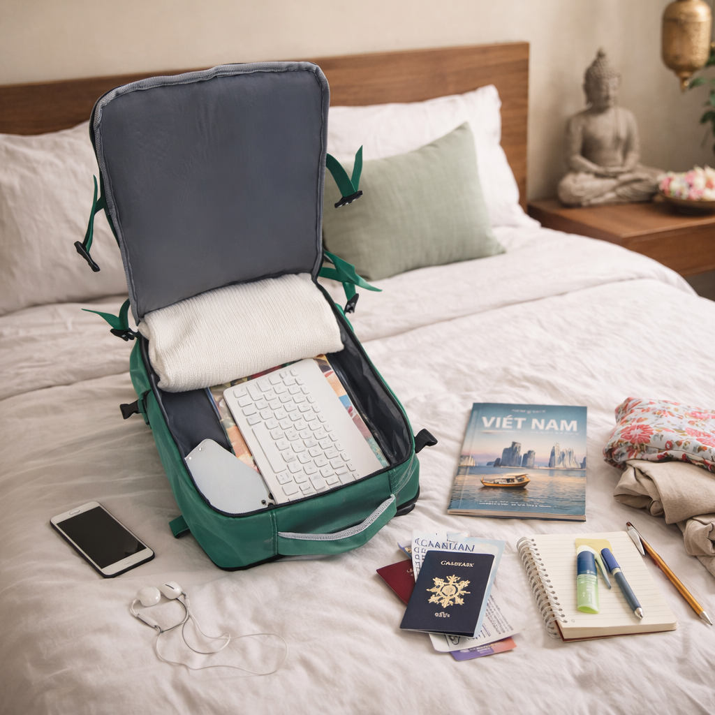 Sac à dos de voyage ZEN cabine multifonction, ouvert avec ordinateur, clavier et compartiment matelassé intérieur