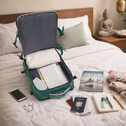 Sac à dos de voyage ZEN cabine multifonction, ouvert avec ordinateur, clavier et compartiment matelassé intérieur