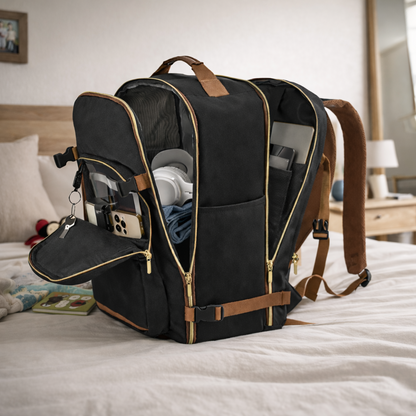 sac à dos de voyage noir ouvert sur lit dans chambre moderne style loft avec compartiments organisés ordinateur casque vêtements et objets personnels rangement familial zen