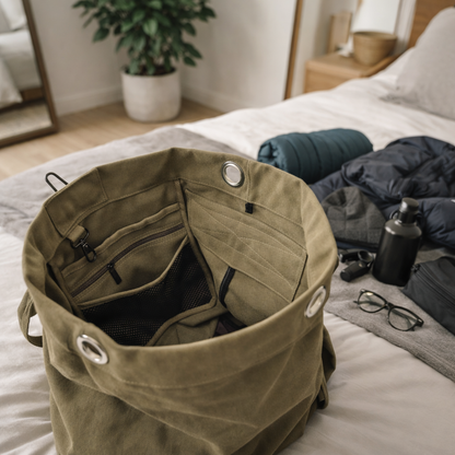 SAC A DOS DE VOYAGE nomade ouvert vue intérieur sur lit chambre zen équipement voyage montagne lunettes gourde sac de couchage vêtements chauds toilette