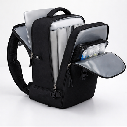 Sac à dos de voyage noir avec compartiments organisés, poche ordinateur et rangements pratiques pour déplacements professionnels et voyages