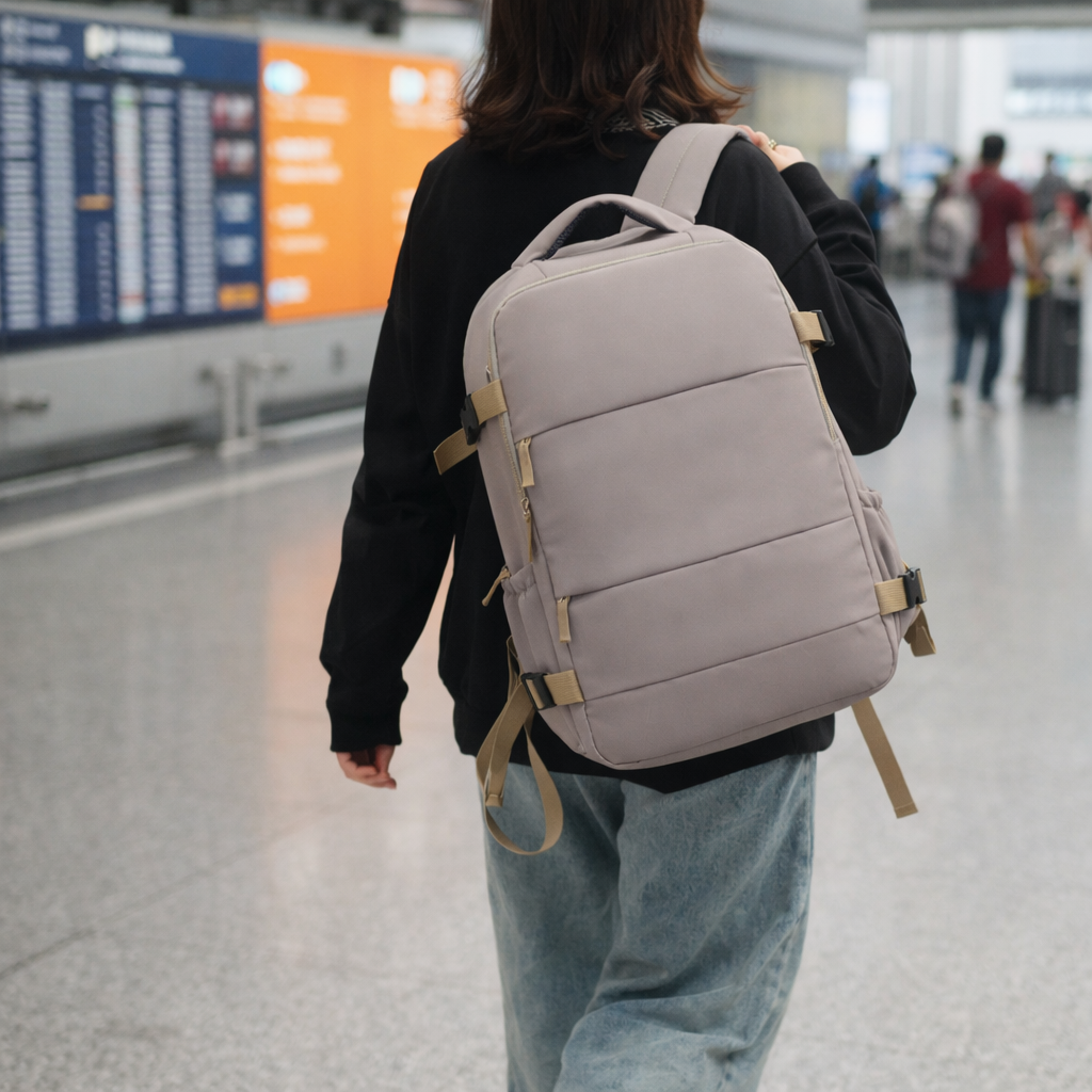 Sac à dos de voyage ZEN cabine multifonction, porté par une femme dans un aéroport, vue arrière, format cabine compact