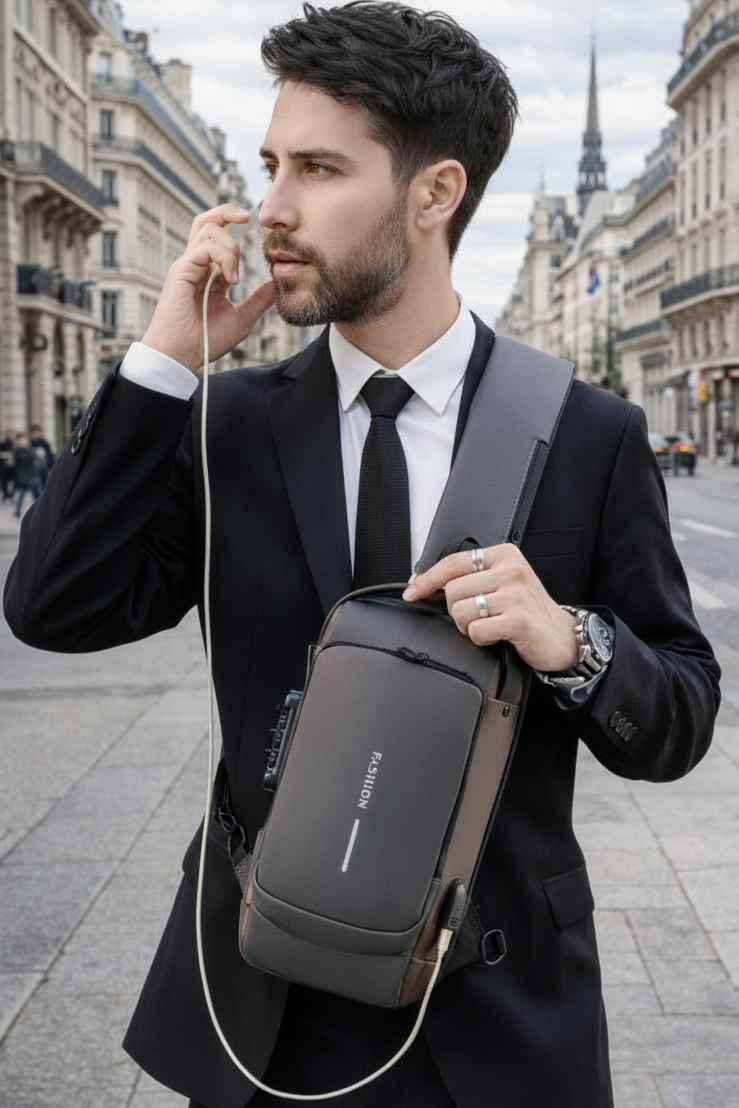 Homme en costume marchant en ville, portant un sac a dos de voyage ZenAntivol gris en port poitrine, avec cable de recharge et design securise.