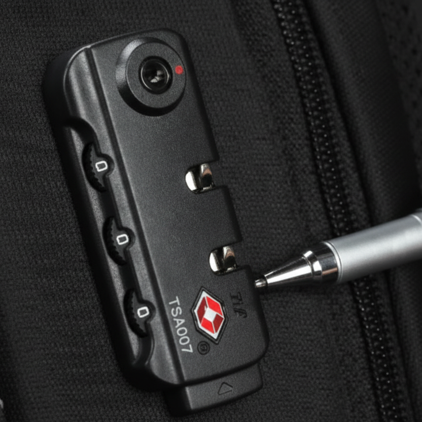 Gros plan sur la serrure TSA du sac a dos de voyage ZenAntivol noir, offrant une protection renforcee contre le vol.