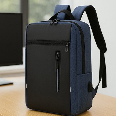 Sac à dos ordinateur bleu noir sur bureau et ecran ordinateur
