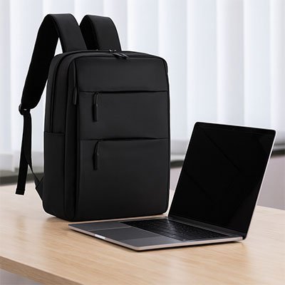 sac à dos ordinateur noir ergonomique comfortable sur table bois