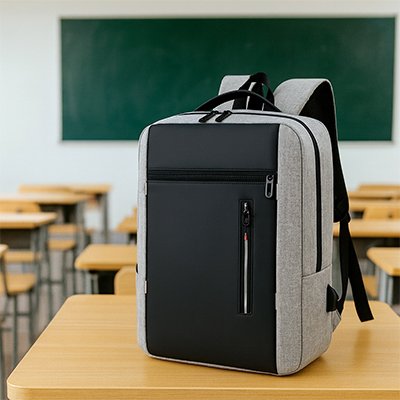 Sac à dos ordinateur portable gris sur bureau de bois