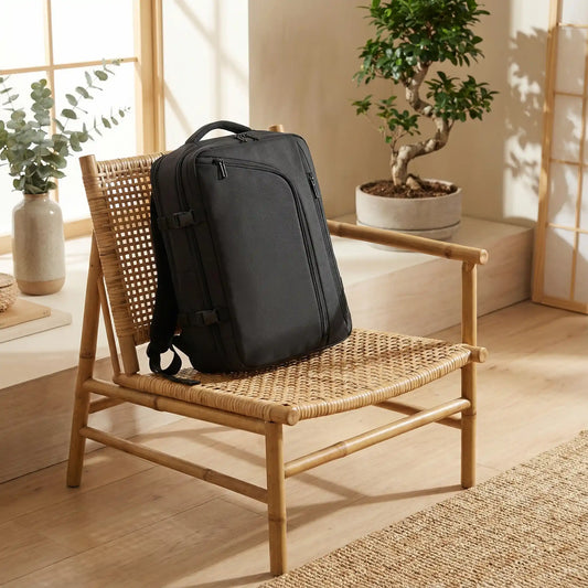 Sac à dos ordinateur portable ZenVoyage Business noir posé sur une chaise en bois, décor zen, plantes vertes et lumière du jour, style minimaliste et professionnel.