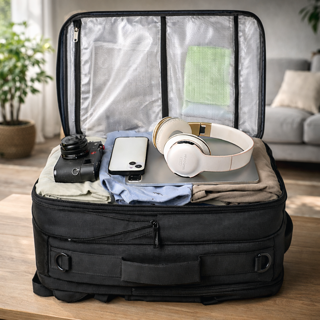 Sac à dos ordinateur portable ZenVoyage Business ouvert montrant vêtements, ordinateur, casque et accessoires rangés dans des compartiments bien structurés.