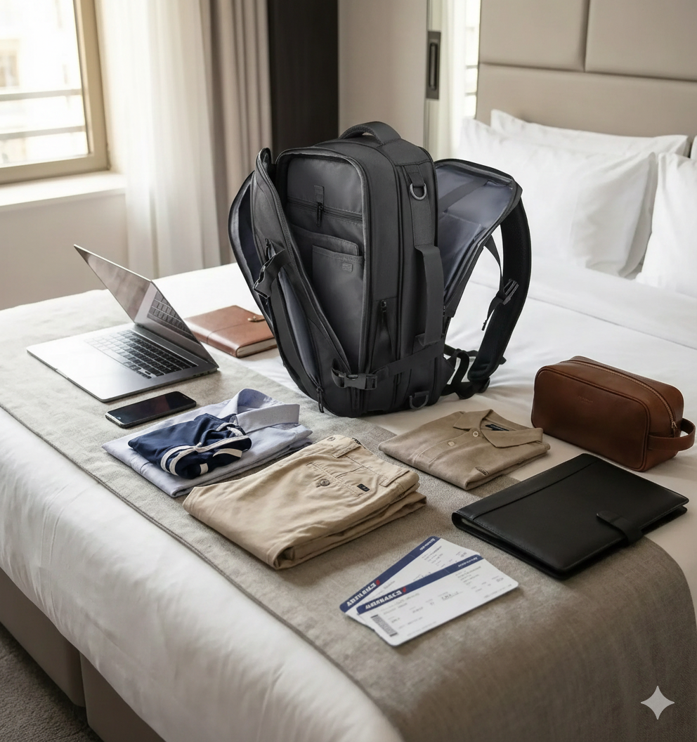 Sac à dos ordinateur portable ZenVoyage Business posé sur un lit avec vêtements, ordinateur et documents, ambiance voyage professionnel soignée et ordonnée.