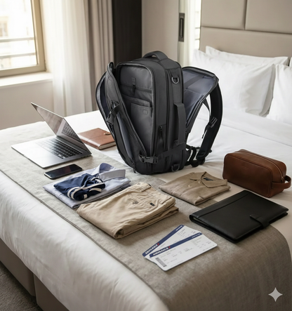 Sac à dos ordinateur portable ZenVoyage Business posé sur un lit avec vêtements, ordinateur et documents, ambiance voyage professionnel soignée et ordonnée.