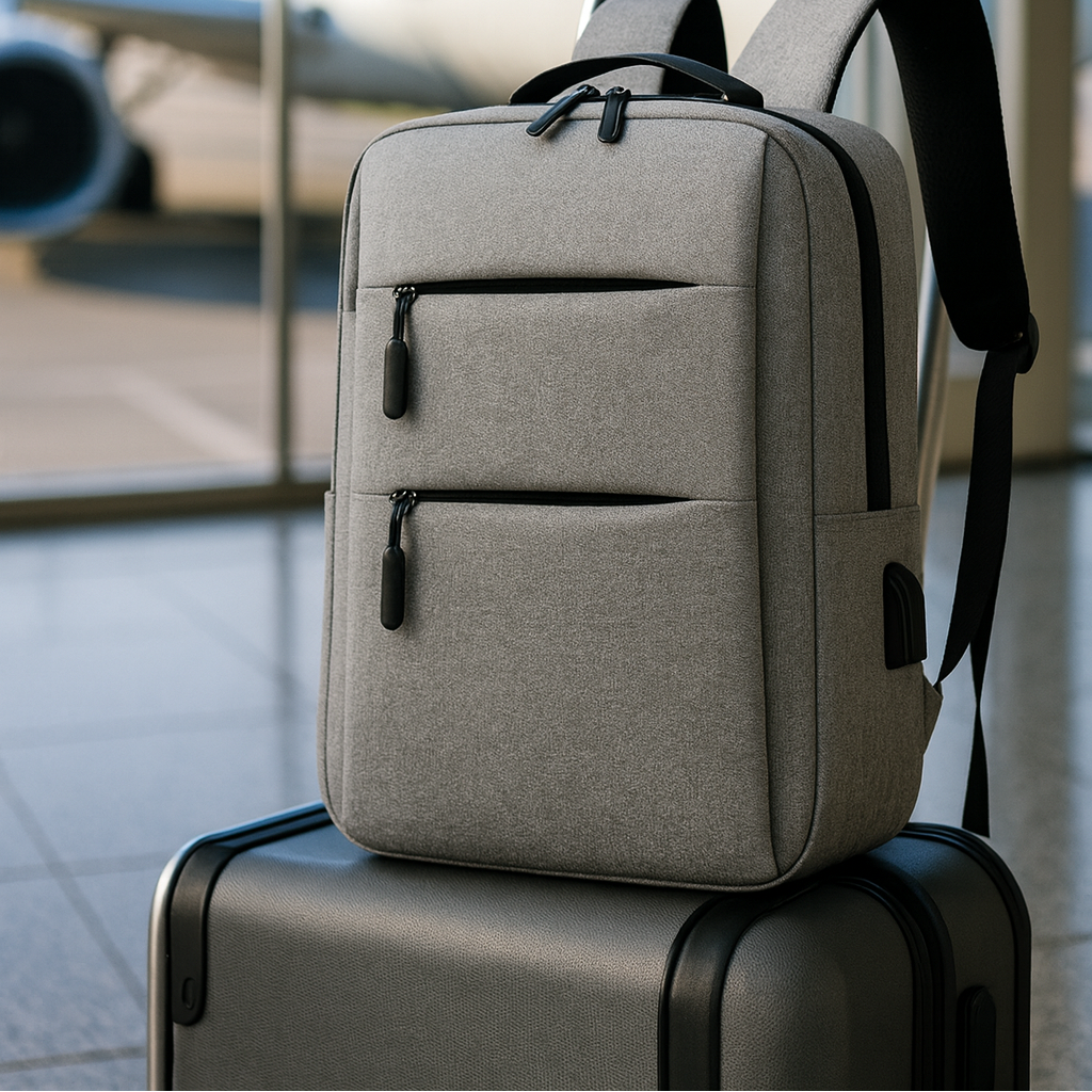 Sac à dos ordinateur moderne et structuré, placé sur une valise dans un terminal d’aéroport, conçu pour transporter un PC lors de déplacements.
