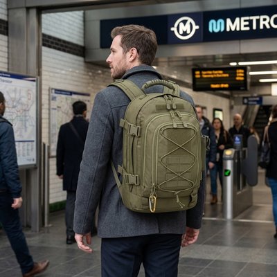 Sac à dos pour bagage cabine nomade flex vert dans le métro