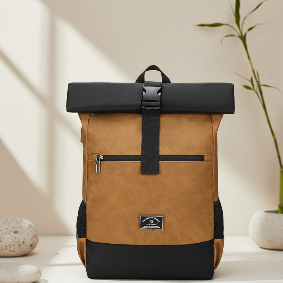 sac a dos voyage Rolltop brun sur comptoir elegant ambiance zen