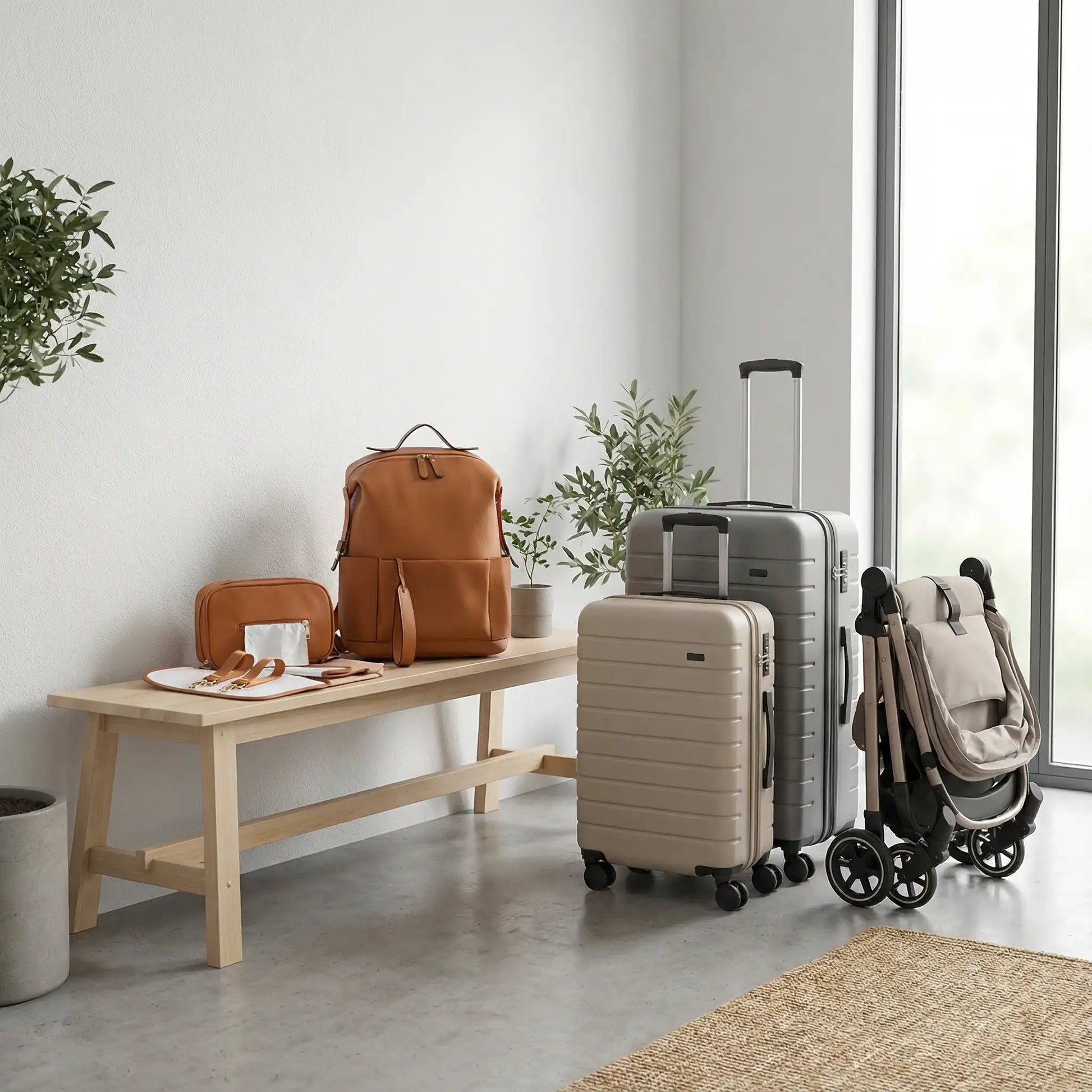 sac à dos de voyage ZenMaman dans le lobby d’une maison minimaliste, accompagné de deux valises et d’une poussette, prêt pour un départ imminent, où l’on visualise clairement l’organisation et le style pour un voyage en famille