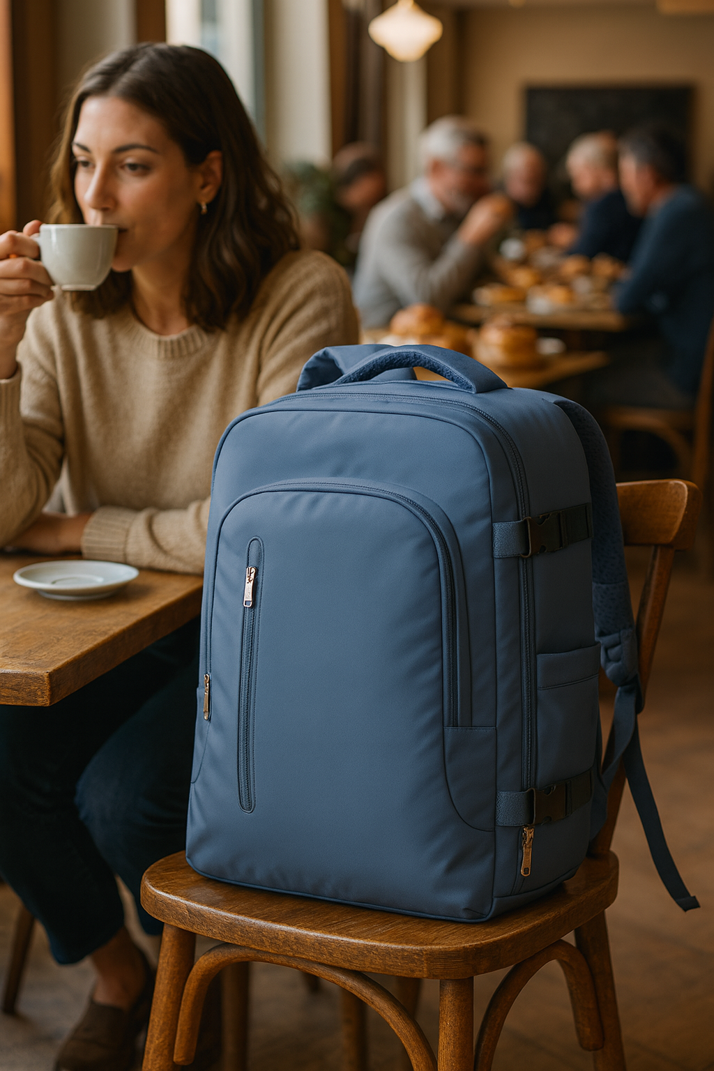 sac a dos voyage bleu paon dimension easyjet sur chaise en bois femme prend un cafe