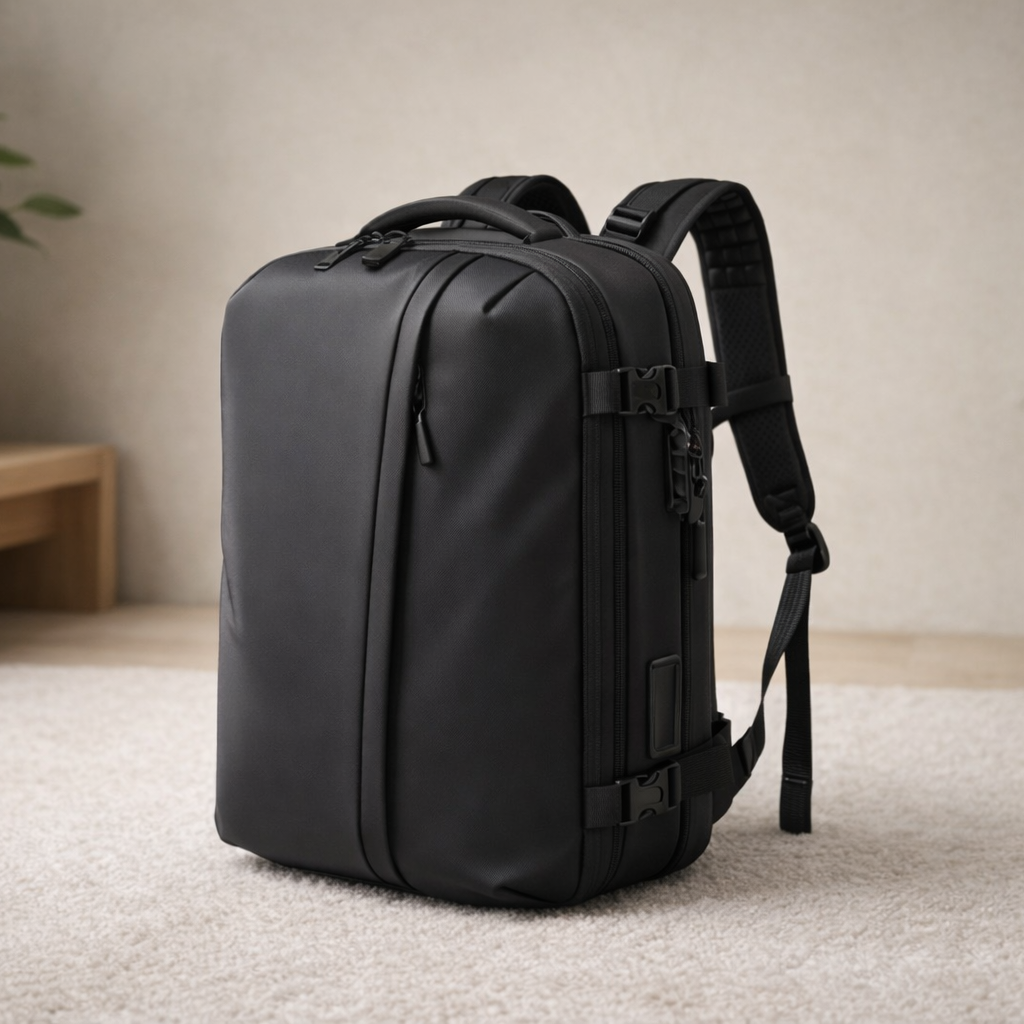 Sac à dos de voyage cabine avec système de compression, noir, dans un décor zen avec plante