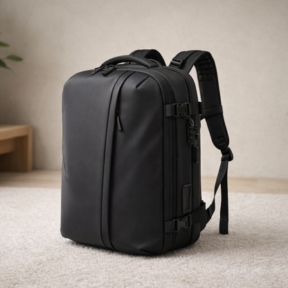 Sac à dos de voyage cabine avec système de compression, noir, dans un décor zen avec plante