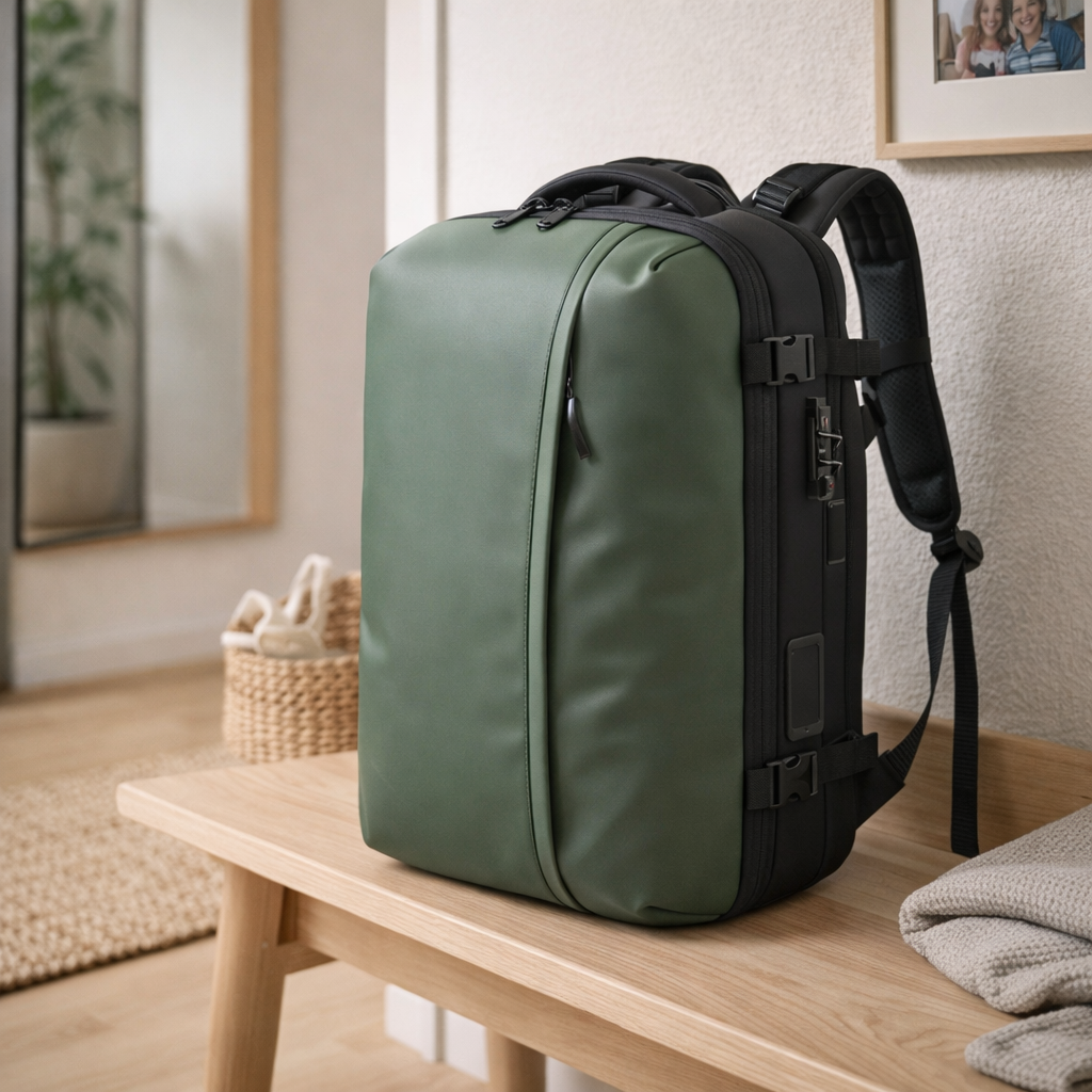 Sac à dos de voyage cabine vert, avec système de compression, posé sur un banc, vue de profil, design compact à structure rigide et bretelles renforcées