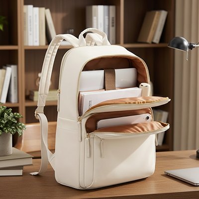 sac à dos voyage cabine sur bureau de travail dans une bibliothèque moderne démontrant sont utilité au quotidien
