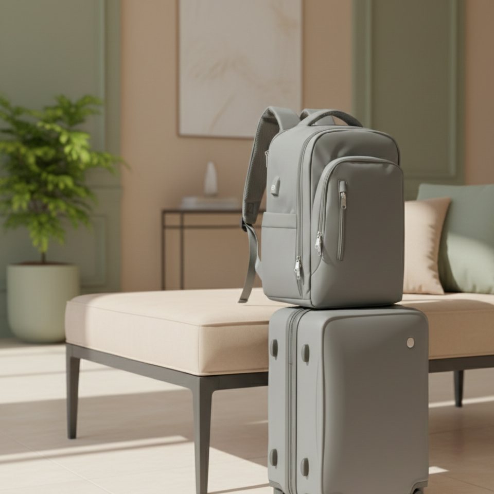 sac a dos voyage dimension easyjet vert grise dans salon sur valise trolley