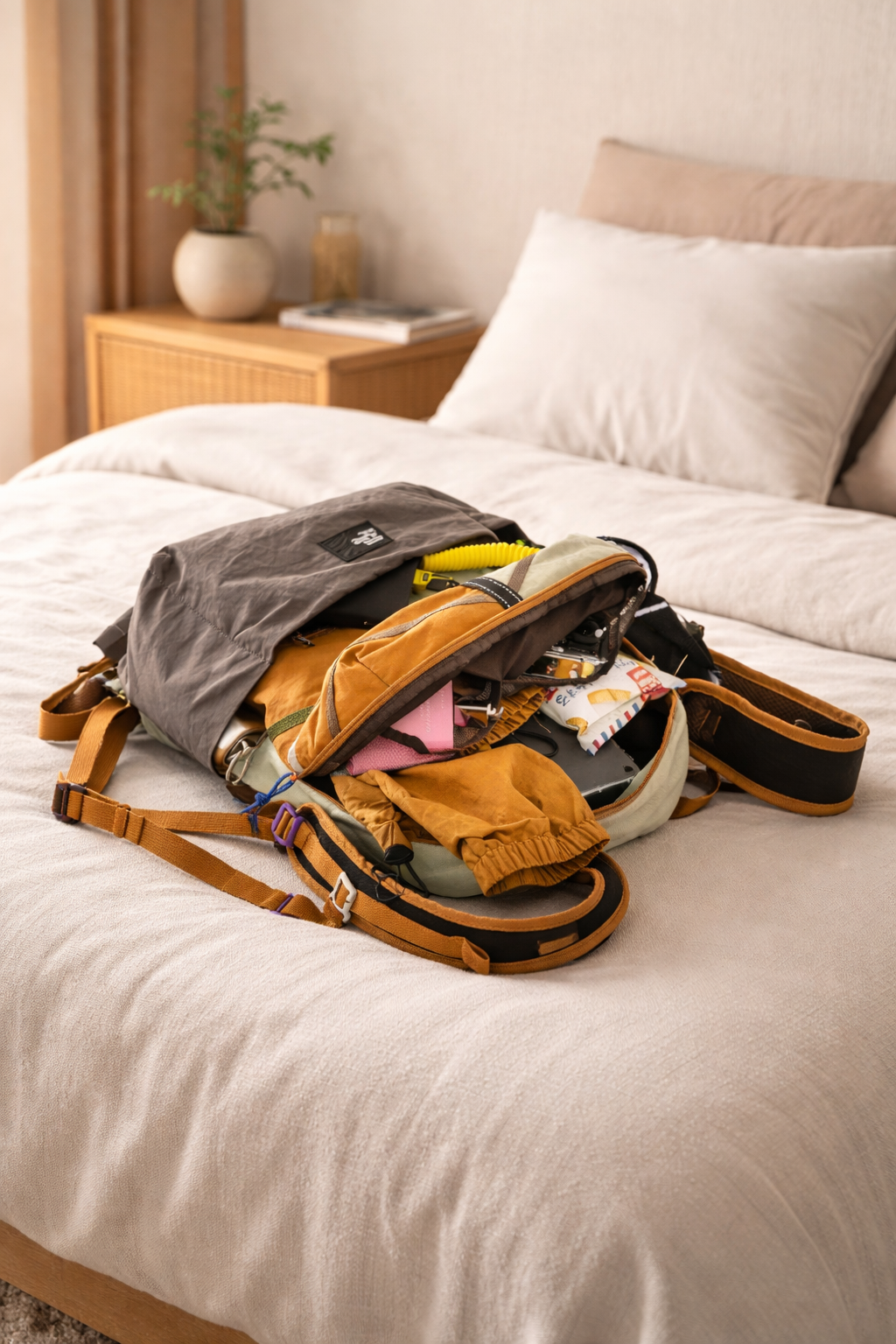 sac a dos voyage edition ZenAutomne sur un lit chandail et autres objets pour randonnee