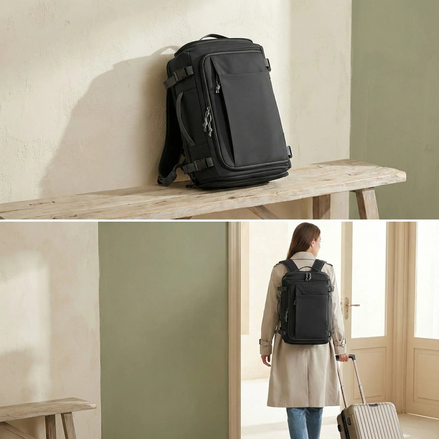 Femme vue de dos portant un sac à dos noir et tirant une valise dans photo du bas, dans un intérieur lumineux, illustrant un départ en voyage élégant et pratique et la présentation du sac seul sur un banc de bois