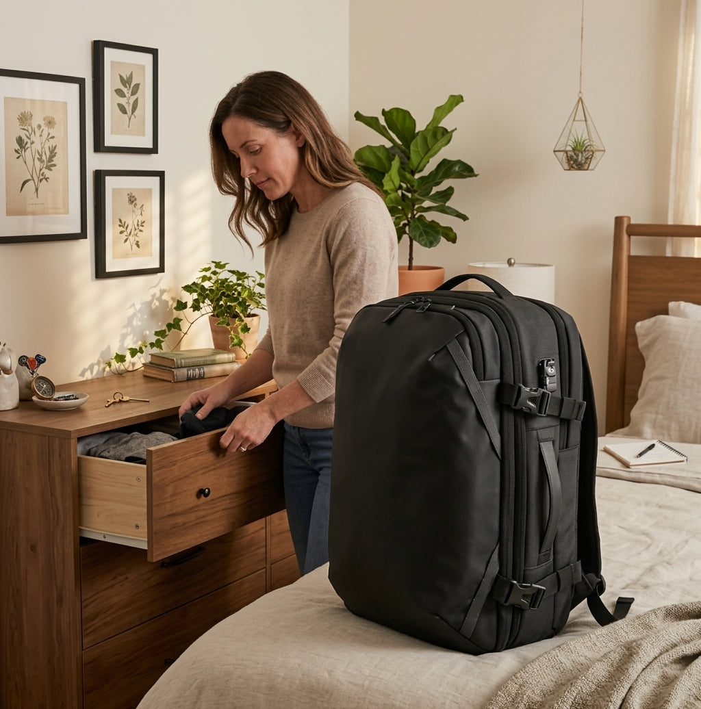 Sac à dos de voyage pour femme format cabine compressible en préparation