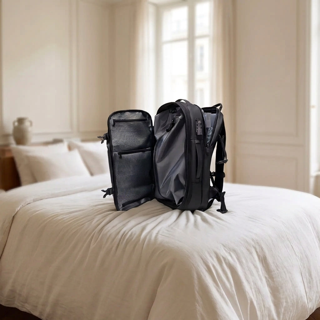 Sac à dos de voyage pour femme format cabine compressible ouvert