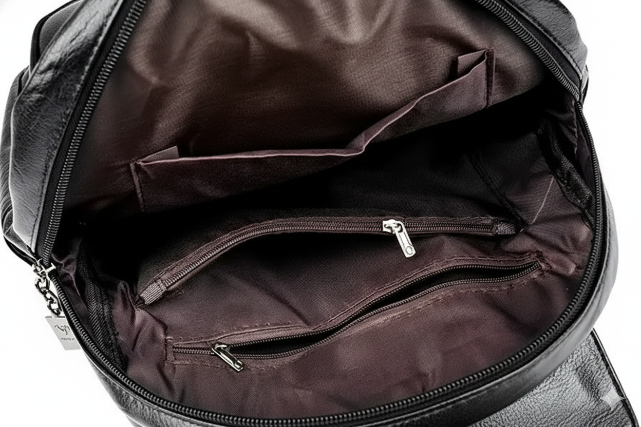 sac à dos voyage ouvert montrant l’intérieur avec plusieurs poches zippées, doublure résistante et espace optimisé.