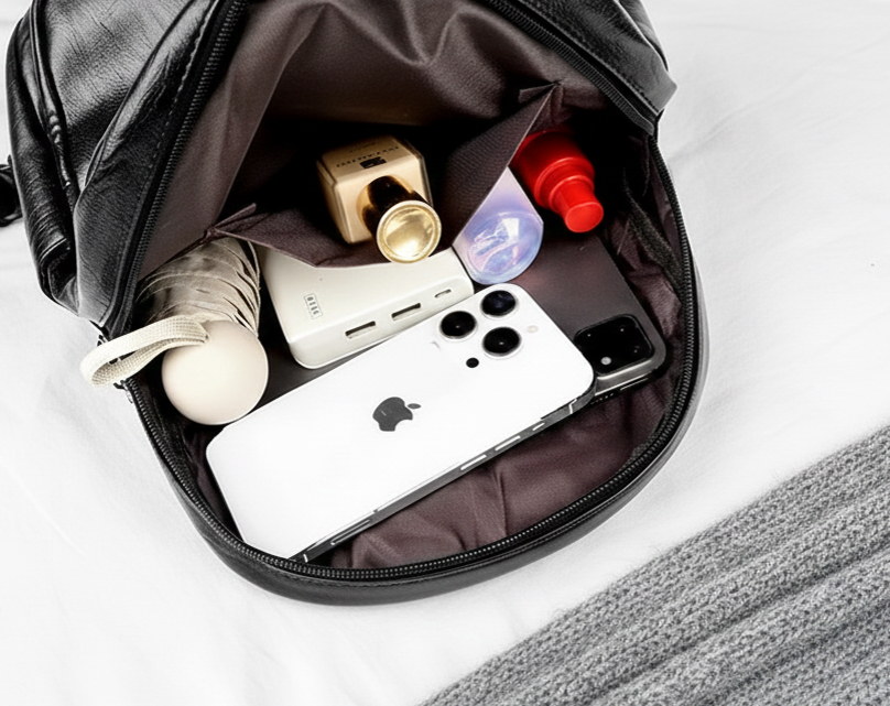 sac à dos voyage sur lit et couverture de laine ouvert contenant téléphone, batterie externe et produits essentiels. Permet de voir un rangement organisé et pratique pour le voyage.