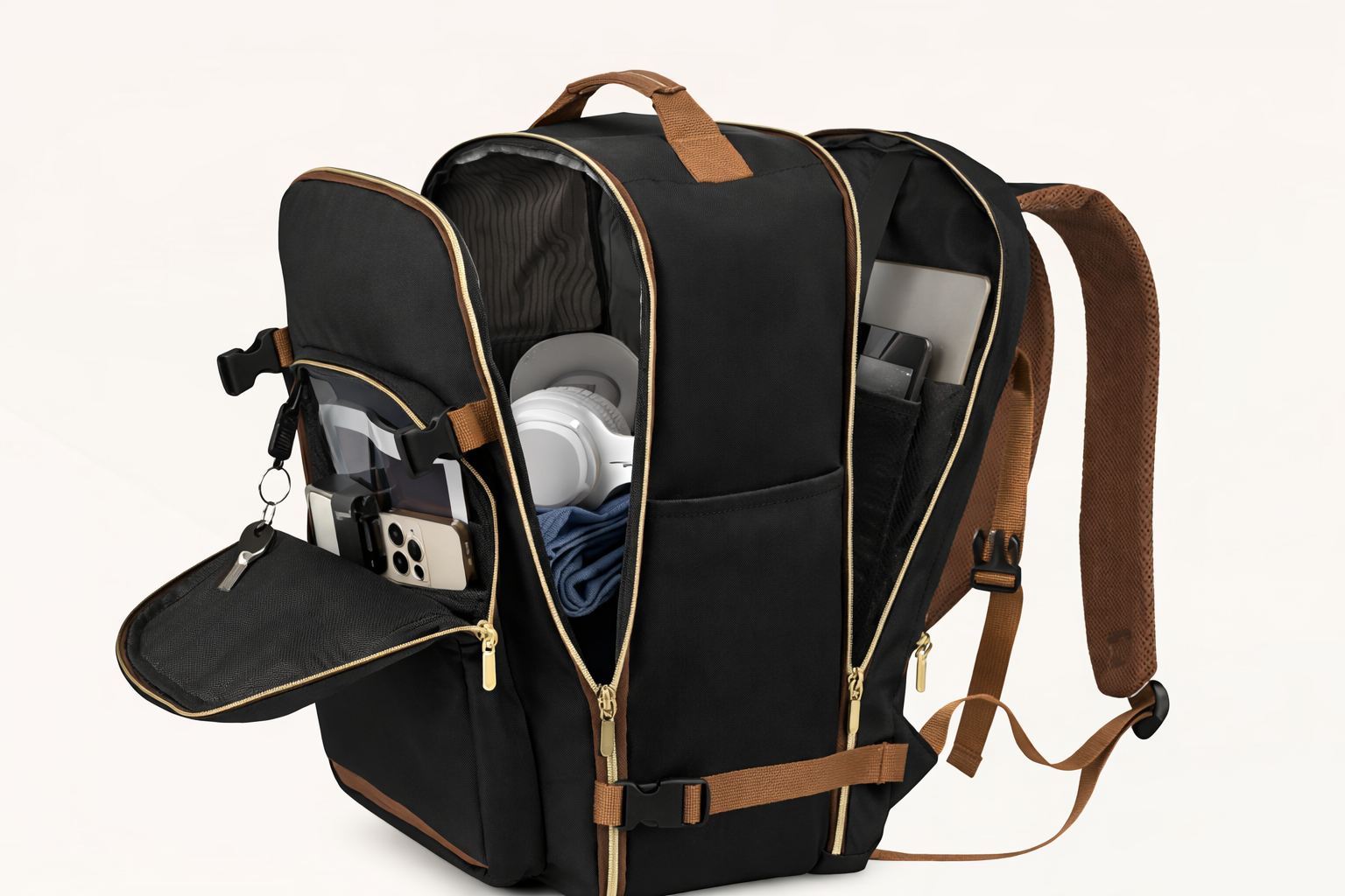 sac a dos voyage noir avec details marron ouvert montrant des compartiments organises pour ordinateur accessoires electroniques vetements et objets personnels organises