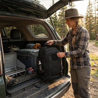 Sac à dos voyage noir dans un coffre de voiture