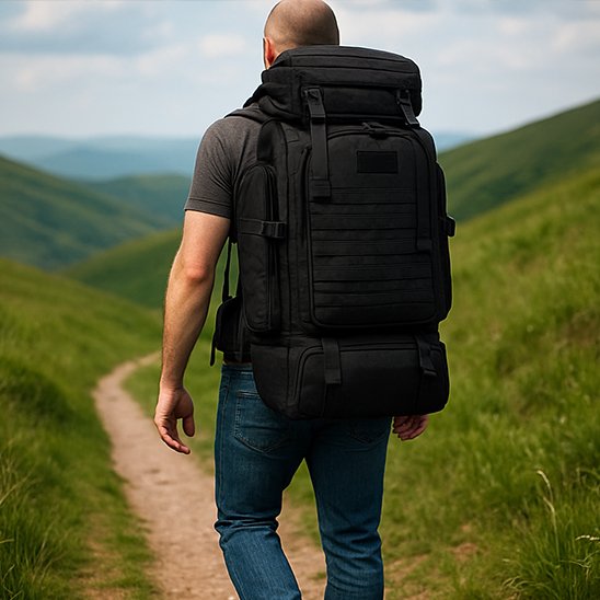Homme vu de dos marchant sur un sentier de montagne avec un grand sac à dos de voyage noir, robuste et spacieux, adapté aux randonnées et aux longs voyages.