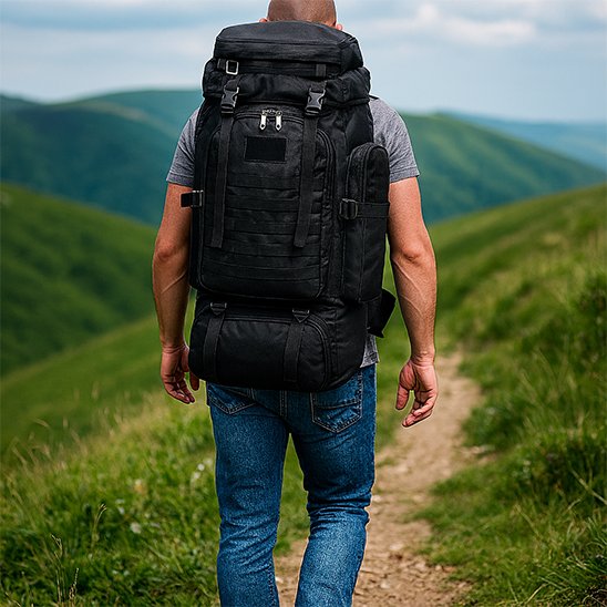 Homme vu de dos marchant sur un sentier de montagne avec un grand sac à dos de voyage noir, conçu pour l’aventure, la randonnée et les longs déplacements.