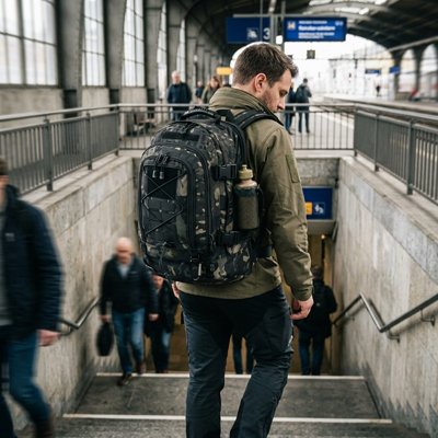 Sac à dos voyage style camouflage à la sortie du metro