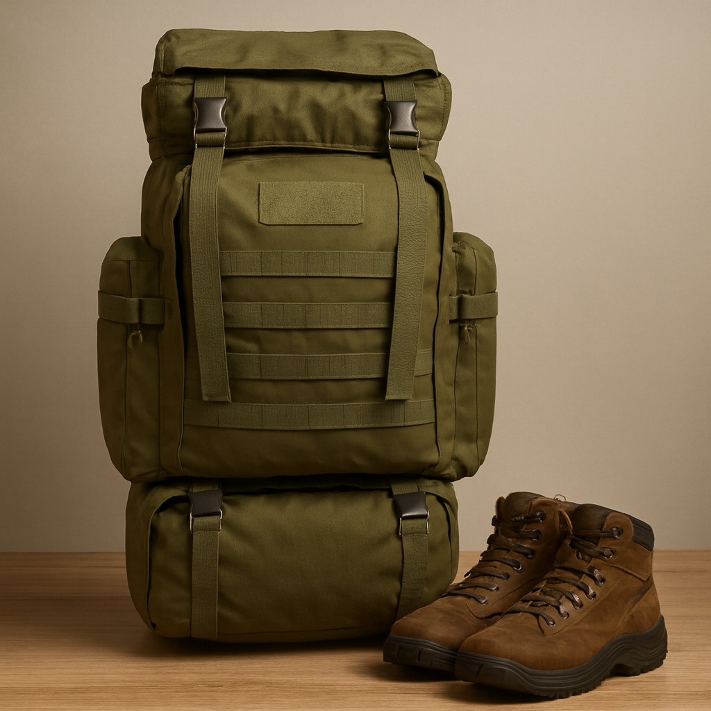 Grand sac à dos de voyage vert kaki posé au sol, robuste et structuré, avec multiples sangles et poches, accompagné de chaussures de randonnée marron, prêt pour l’aventure.