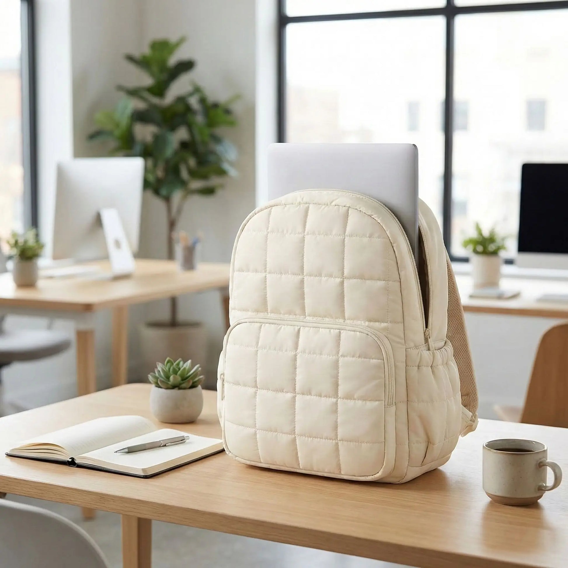 Un sac à dos voyageur beige est posé sur un bureau moderne, avec un ordinateur portable à l’intérieur dans un espace de travail partagé