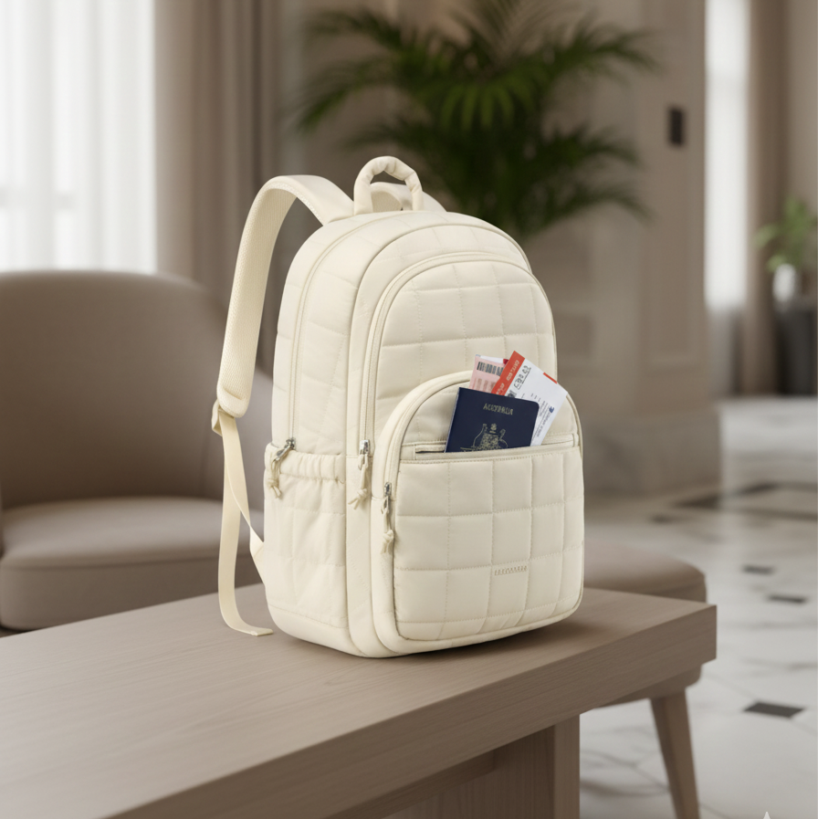 Un sac à dos voyageur beige est posé sur une table en bois dans le lobby d’un hôtel élégant et lumineux. L’ambiance est chic et cosy, évoquant une préparation de voyage raffinée.