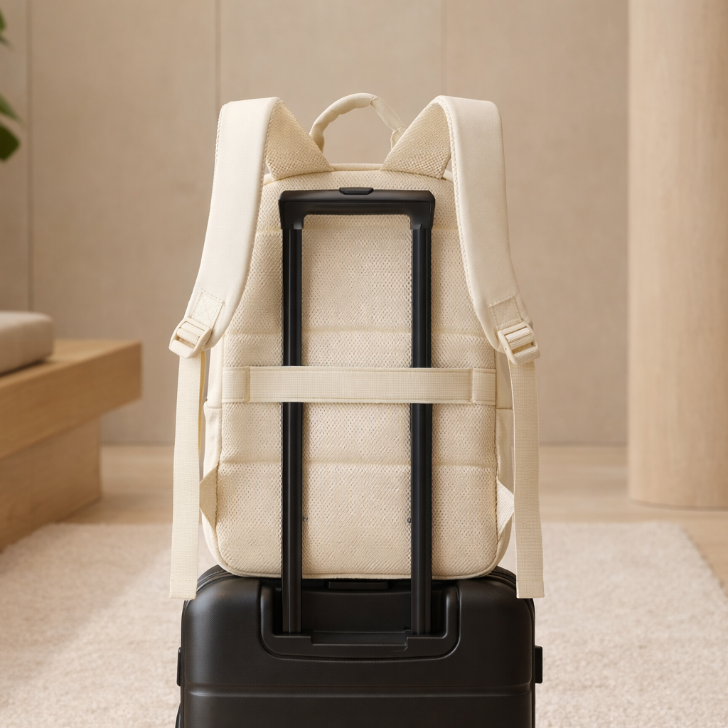 Un sac à dos voyageur beige est fixé sur une valise cabine dans un intérieur zen aux tons bois et crème. La scène évoque un départ en voyage organisé et serein.