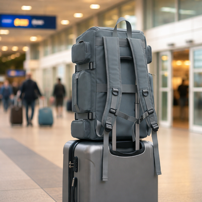 Sac à dos de voyage à grande ouverture, fixé sur une valise trolley dans un aéroport, vue arrière, ambiance voyage