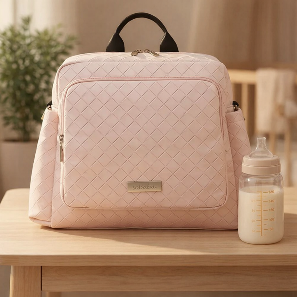Sac à langer bébé fonctionnel, avec rangements pratiques, sur table en bois