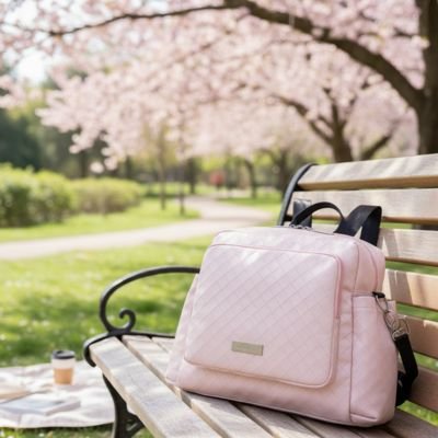 Sac à langer bébé élégant rose, posé sur un banc dans un parc,