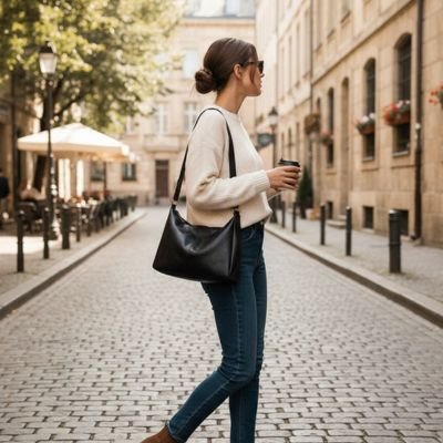 Sac à main femme bandoulière porté par une professionnelle vêtue d’un jean et d’un cardigan blanc dans une petite rue de Londres style urbain