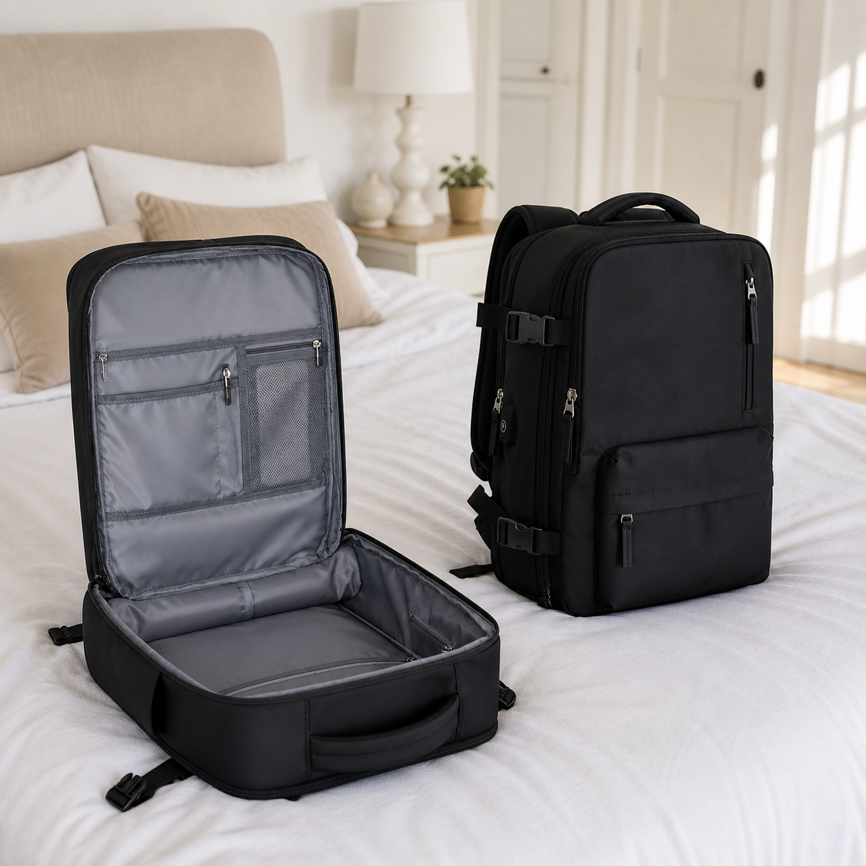 Sac bagage cabine ouvert et fermé posé sur un lit élégant