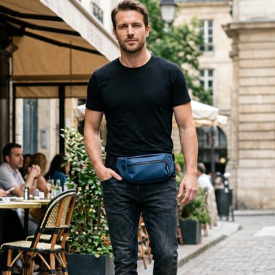 Sac banane homme bleu à la taille près d'un café à Paris