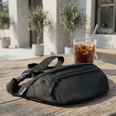 Sac banane homme sur  table au soleil avec verre de boisson fraîche